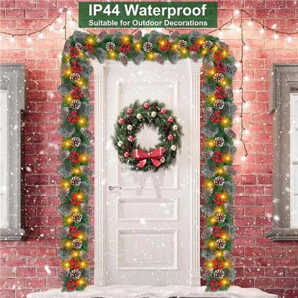 9 Ft 100 Lights Prelit Artificial Christmas Garland Decor 8 Modes 198 Red Berry
